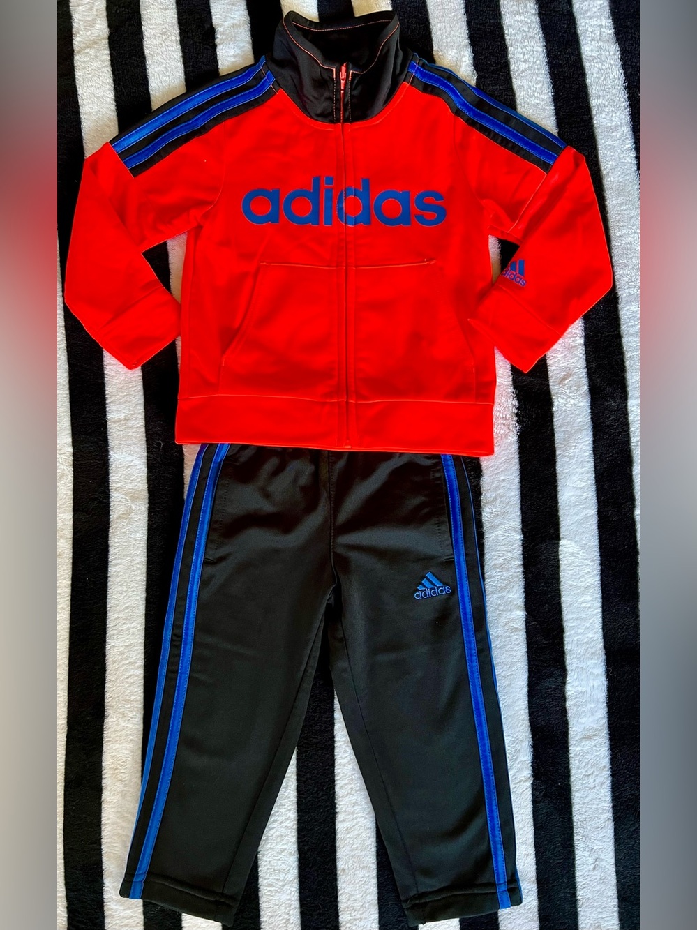 Boys adidas Red Jacket and Black Joggers with Blue Accents
